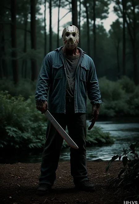 <lora:VHS_Pony:2.6> vhs footage of 1boy, monster, mask, no eyes, bald, holding machete in one hand, campground background, in woods, lake, trees, bushes, canoes, night, jumpsuit, muscular, full body,
blurry, chromatic aberration, glitch, noisy, distorted, full body <lora:jason_voorhees_v0.5-pony:1.2> <lora:dark:0.7> dark