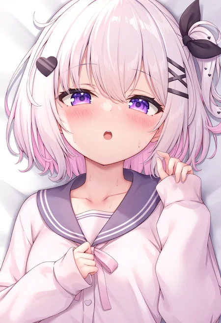 1girl, solo, pink hair, hair ornament, purple eyes, sleeves past wrists, heart hair ornament, heart, hairclip, looking at viewer, bed sheet, ribbon, blush, one side up, hair ribbon, black ribbon, multicolored hair, portrait, hair between eyes, parted lips, lying, virtual youtuber, white hair, hand up, long sleeves, on back, sailor collar, upper teeth only, teeth, :o, x hair ornament, dakimakura \(medium\), two-tone hair, sweat,masterpiece,best quality,newest,absurdres,highres,very awa,<lora:arata1_noob1.1-000187:0.7>,