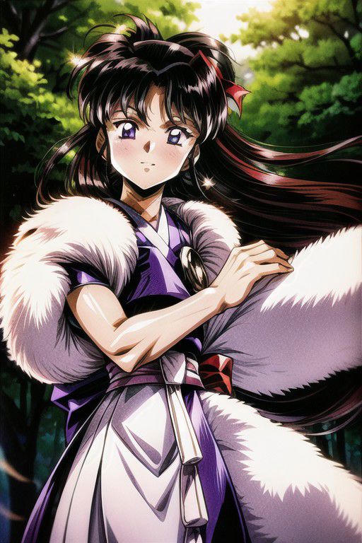 best quality 1girl Setsun4 solo long hair,  (night time) forest background black hair very long hair purple eyes multicolored hair armor, small, (fur trim) (medium body),<lora:EMS-179-EMS:0.800000>,<lora:EMS-293862-EMS:0.800000> bow, hair_bow, hair_tubes, red_bow, brown_hair, long_hair, bangs, ascot, frilled_bow, yellow_ascot, blush, smile, hair_between_eyes, athletic, armor, miko,  Smiling, happy,