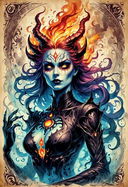 Ink illustration on parchment. Portrait. In a fantasy realm, the spirit of a woman trapped in a half machine demon takes revenge on those they have condemned. Mystic power. mystic color palette. BadDream, DEVIL SPAWN, fire, undead.