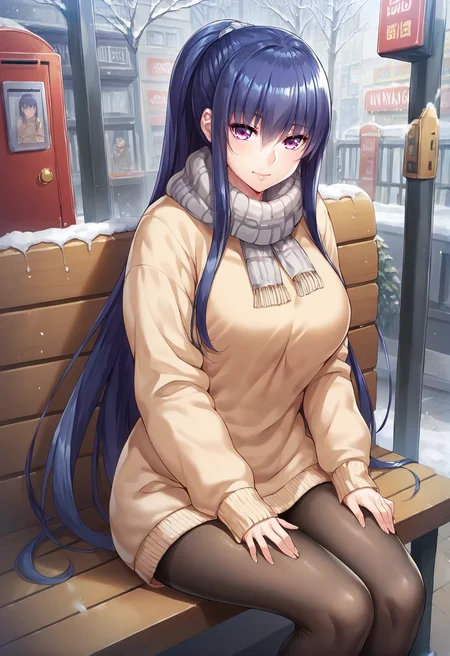 dynamic angle,,score_7_up,score_8_up,scrore_9,1girl,solo,rinko_akiyama,ra-foac_\(beige_sweater_costume\),winter,snow,city,sitting on bench,looking at viewer,hands on own thighs,pantyhose,phone booth,<lora:rinko_pony_V1-2-000020:0.7>
