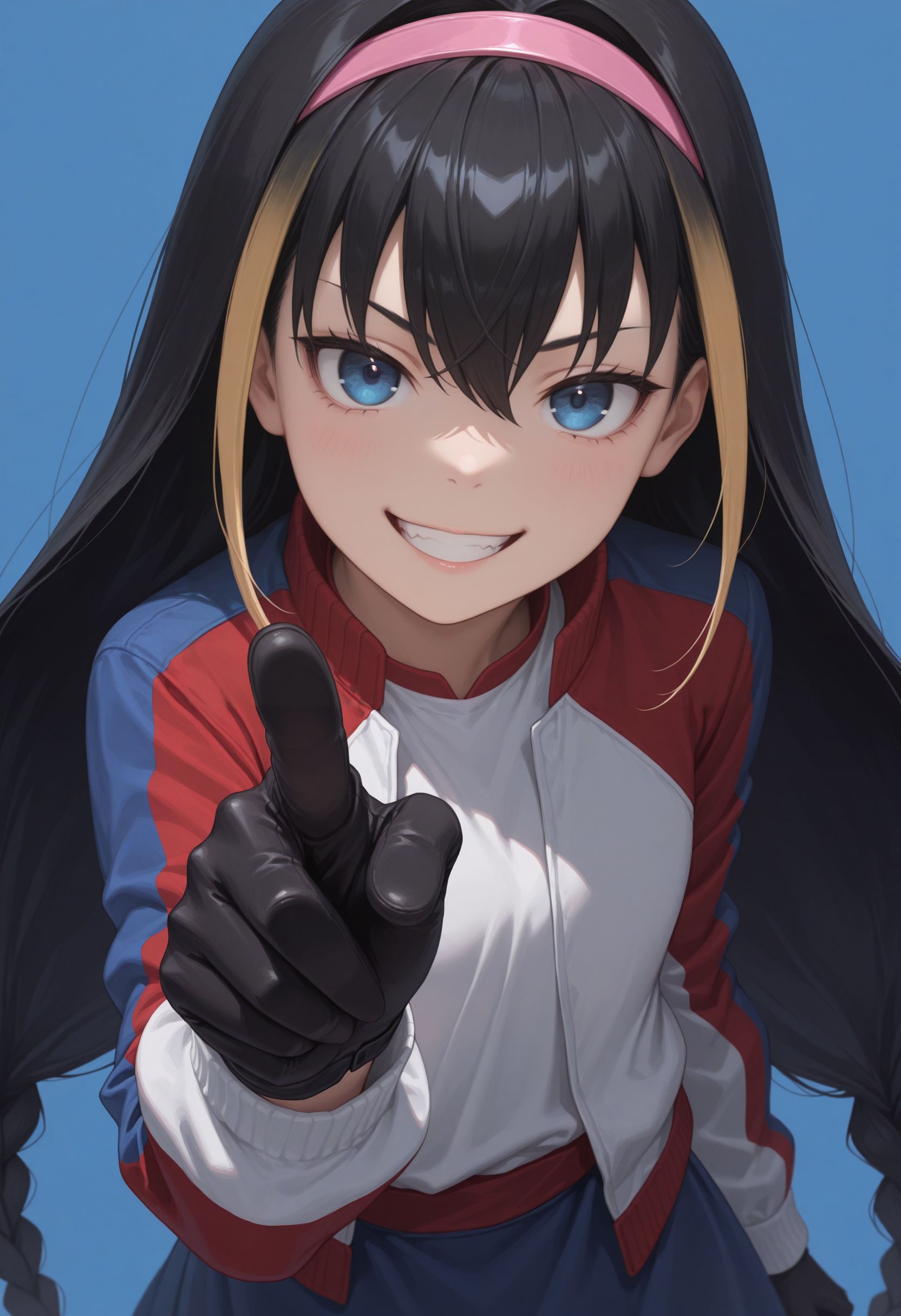 masterpiece,best quality,absurdres,highres,very aesthetic,high quality,detailed,insanely detailed,beautiful, solo, 1girl
solo, looking at viewer, portrait,  upper body,
smile, grin, pointing at viewer, , open mouth, looking at viewer, smile, hair between eyes,, blue background,, upper body
 <lora:Lessar illu:1> 1girl, black hair, multicolored hair, two-tone hair, long hair, twin braids, braid, pink hairband, blue eyes, jacket, multicolored clothes, striped clothes, black gloves, blue skirt, stripe