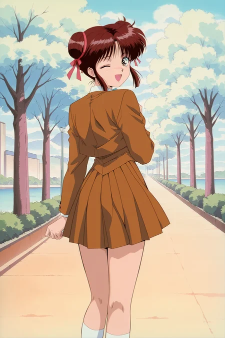 anime screencap, anime coloring, detailed face, masterpiece, best quality, very aesthetic, absurdres, volumetric lighting, official style, amazing quality, ultra detailed, highres, amazing quality, scenery, beautiful detailed hair, beautiful detailed eyes, detailed fingers,
<lora:Miaka_Yuuki_Fushigi_Yuugi_-_Illustrious_V2_with_Tamahome:1>
retro artstyle, 1990s (style),
Miaka Yuuki, 1girl, solo, brown hair, brown eyes, double bun, brown pleated skirt, brown jacket, hair bun, socks, one eye closed, looking back at the viewer, cowboy shot,
outdoors, trees