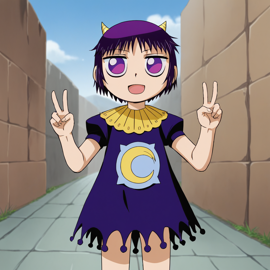 score_8_up, BREAK, laila, 1girl, solo, purple hair, short hair, purple eyes, horns , dress, double v, cowboy shot,   <lora:Laila_ZatchBell_PXL_Leaf1:1>, outdoors,
