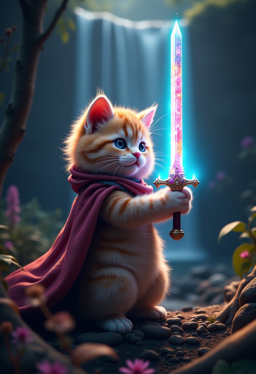 photorealistic,. a realistic human-like fluffy kitten holding a legendary sword. the sword is bright and colorful, emits powerful aura ,surrounded dark forest. very detailed, amazing quality, intricate, cinematic light, highly detail, beautiful, cinematic lighting,, near a waterfall and rare plants, 3d cg, 8k