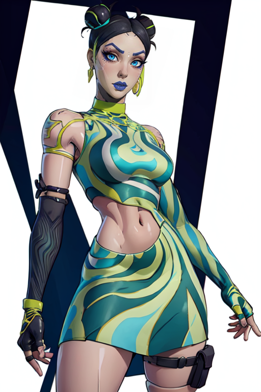 masterpiece,best quality,face detail,extreme detail,8k,white background,<lora:tsuki:0.7>,designertsuki,1girl,solo,breasts,looking at viewer,blue eyes,skirt,black hair,gloves,jewelry,earrings,elbow gloves,fingerless gloves,hair bun,crop top,double bun,makeup,eyeshadow,joints,open hand,android,cowboy_shot,wide hips,green,