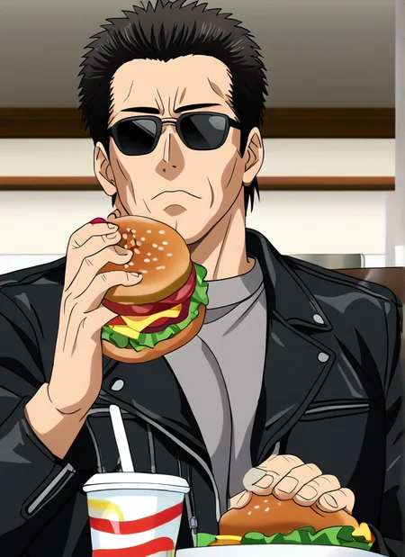 <lora:terminator2_t800:1>terminator2_t800,2ts hair,black leather jacket,black sunglasses,gray shirt,looking at viewer,detailed,4k,black leather pants,male,man,adult,anime style,mature man,anime screencap, sitting, restaurant background, holding burger, eating burger, food <lora:Anime_Screencap:1>