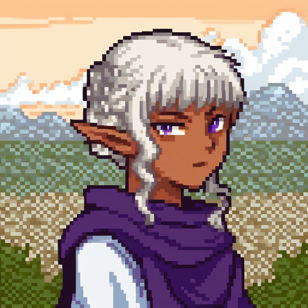 score_9, score_8_up, score_7_up, source_anime BREAK 
, solo, fegbaportraits, portrait, white dungeon meshi,background, portrait,pixel,pixel art,
BREAK 
thistle, thistle original outfit, 1boy, holding, standing, purple eyes, braid, male focus, sidelocks, pointy ears, pants, dark skin, brown footwear, elf, cloak, androgynous, white pants, notched ear
BREAK 
Landscape, Chinese building, orange sky, clouds,