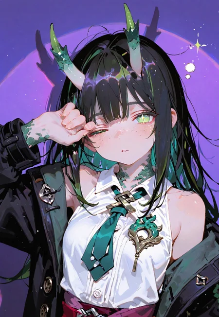 looking at viewer,above torso shot, sleepy, rubbing eye

1 girl,petite,loose unruly messy hair,messy bangs,black hair,green accents hair,fair skin,dragon horns,green eyes, sparkling eyes,freckles

Large Black coat with green accent,coat hanging sleeves,white sleeveless buttoned shirt,green tie, exposed shoulder

Color background, bright purple background,shadow, light from front,glimmer, scales design, sparkling

Cunnystyle,748cmstyle,Smooth_Quality,dynamic pose, foreshortening, extreme perspective,masterpiece,best quality,amazing quality, aesthetic,bright colors,bold lines