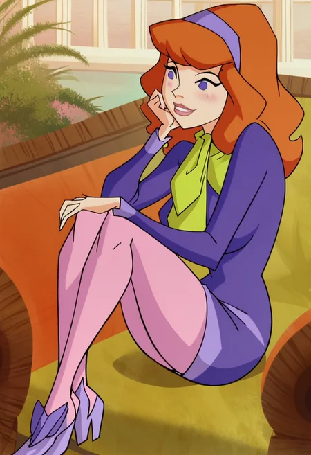 mature female,daphneb, hairband, orange hair, purple dress, purple eyes, green scarf, smile, pink pantyhose, purple_footwear,1girl, having a conversation, orange hair,solo focus,large breasts,blush, horny, d cup tits,brown eyes, score_9, score_8_up, score_7_up, source_anime, 1girl