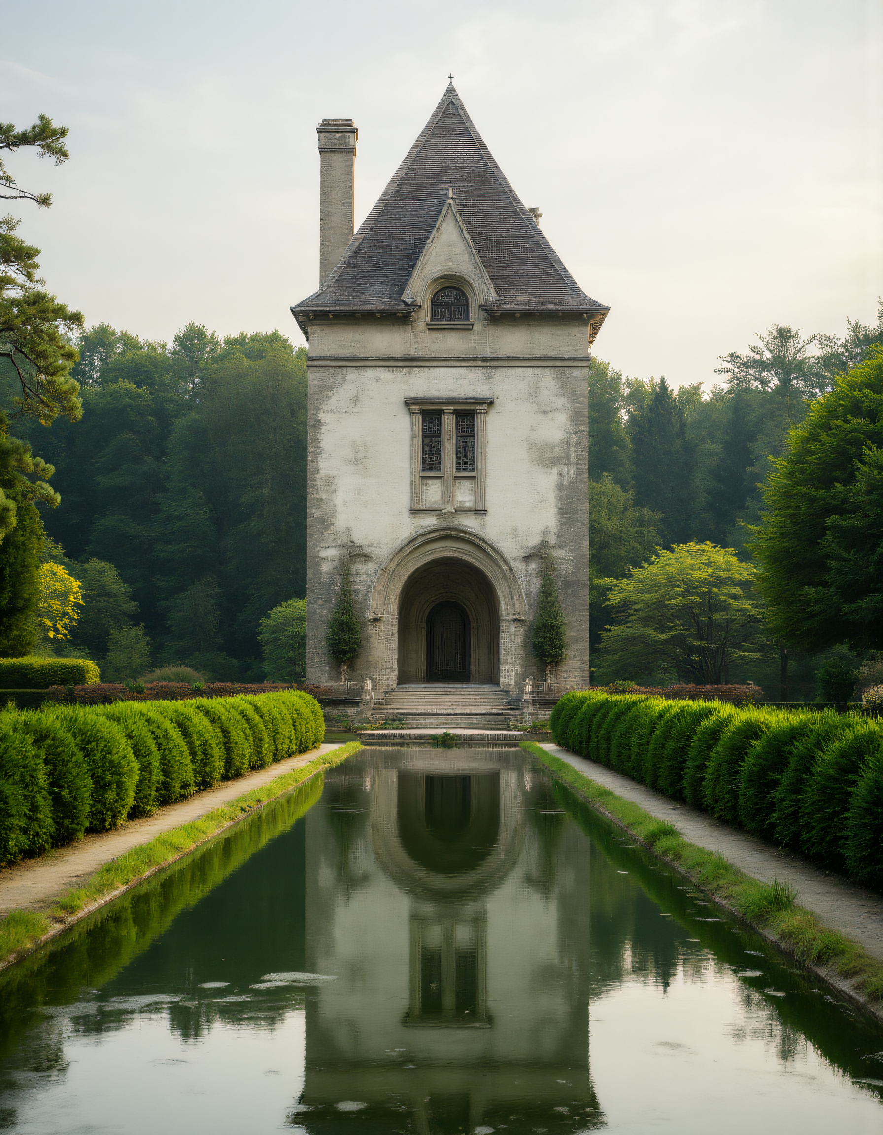 A tranquil scene of a tall, narrow tower with light gray stone walls and a steep, shingled roof. The structure has symmetrical windows, including an oval-shaped window near the top and traditional shutters framing a lower window. At the base of the tower is a large arched doorway that opens up to reveal a distant landscape. The building is perfectly reflected in a long, still pond that stretches in front of it, flanked by lush, manicured green hedges on both sides. The symmetry of the scene is emphasized by the clean, geometric lines of the hedges and the waterâs mirror-like surface. The background is filled with dense trees, adding a sense of peaceful isolation. The atmosphere is serene and calm, with soft, diffused daylight illuminating the garden, and the stillness of the water enhancing the reflective quality of the architecture. aidmaHyperrealism <lora:aidmaHyperrealismv0.3:0.8>  <lora:Sinfully_Stylish_.02_for_FLUX:0.6> in the style of Jed-clrfl <lora:flux-colourful:0.4>  <lora:FluxDFaeTasticDetails:0.8>