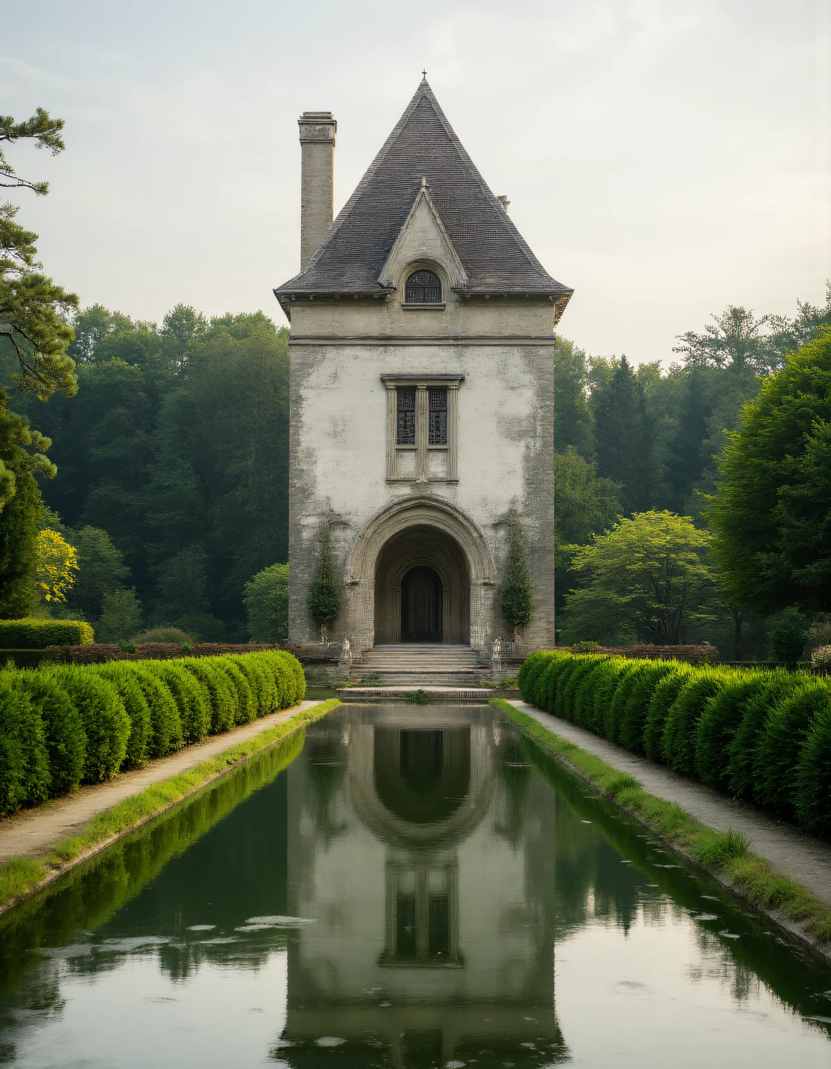 A tranquil scene of a tall, narrow tower with light gray stone walls and a steep, shingled roof. The structure has symmetrical windows, including an oval-shaped window near the top and traditional shutters framing a lower window. At the base of the tower is a large arched doorway that opens up to reveal a distant landscape. The building is perfectly reflected in a long, still pond that stretches in front of it, flanked by lush, manicured green hedges on both sides. The symmetry of the scene is emphasized by the clean, geometric lines of the hedges and the waterâs mirror-like surface. The background is filled with dense trees, adding a sense of peaceful isolation. The atmosphere is serene and calm, with soft, diffused daylight illuminating the garden, and the stillness of the water enhancing the reflective quality of the architecture. aidmaHyperrealism <lora:aidmaHyperrealismv0.3:0.8> <lora:Sinfully_Stylish_.02_for_FLUX:0.6> in the style of Jed-clrfl <lora:flux-colourful:0.4> <lora:FluxDFaeTasticDetails:0.8>