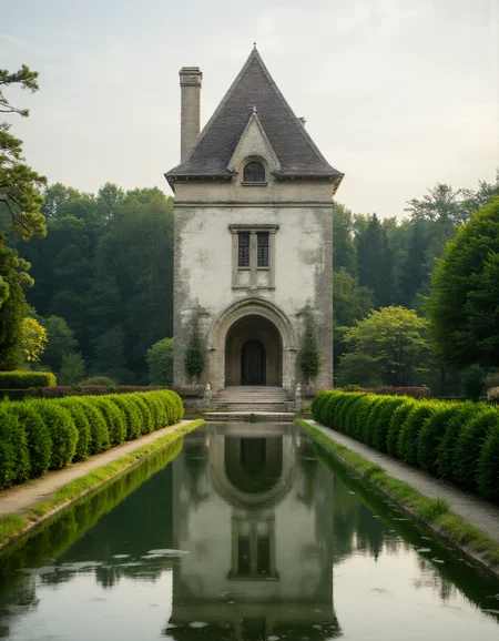 A tranquil scene of a tall, narrow tower with light gray stone walls and a steep, shingled roof. The structure has symmetrical windows, including an oval-shaped window near the top and traditional shutters framing a lower window. At the base of the tower is a large arched doorway that opens up to reveal a distant landscape. The building is perfectly reflected in a long, still pond that stretches in front of it, flanked by lush, manicured green hedges on both sides. The symmetry of the scene is emphasized by the clean, geometric lines of the hedges and the waterâs mirror-like surface. The background is filled with dense trees, adding a sense of peaceful isolation. The atmosphere is serene and calm, with soft, diffused daylight illuminating the garden, and the stillness of the water enhancing the reflective quality of the architecture. aidmaHyperrealism <lora:aidmaHyperrealismv0.3:0.8> <lora:Sinfully_Stylish_.02_for_FLUX:0.6> in the style of Jed-clrfl <lora:flux-colourful:0.4> <lora:FluxDFaeTasticDetails:0.8>