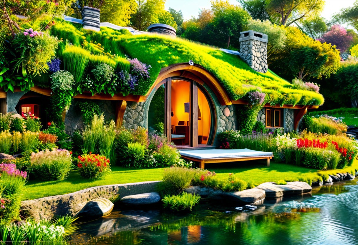 in front hangs a single-story house built of stone, covered and merged with nature, the roof reaches the ground and is completely covered with grass and green grass, the hobbit-type house, a large veranda in front of a table and chairs made of wooden branches, a lounger type, a large barbecue, round windows, a stone chimney, a spacious room inside, at least three rooms, an indoor toilet and a bathroom, a separate wide kitchen merged with the living room, nestled in the forest in front of it runs a river, a meadow with colorful flowers, realistic style, photorealism, a sense of harmony and tranquility ,relaxation,