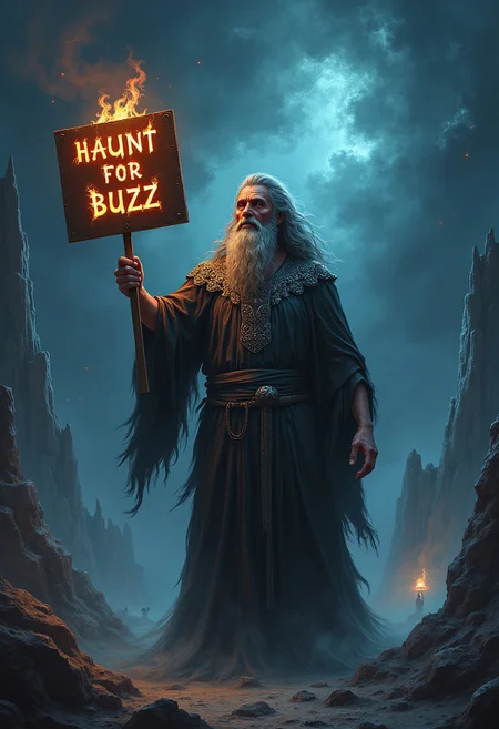 The scene depicts Hades, the Greek god of the underworld, standing in a shadowy, ethereal realm. He is dressed in dark, flowing robes adorned with intricate silver patterns that glimmer ominously in the dim light. His expression is a mix of mischief and curiosity, with a slight smirk playing on his lips as he gazes at the viewer.
In one hand, he holds a sign that reads "WILL HAUNT FOR BUZZ” in a bold, stylized font, surrounded by eerie, flickering flames. The background features a landscape of jagged rocks and swirling mist, punctuated by glimpses of lost souls wandering aimlessly. Ghostly figures float around him, looking both intrigued and bewildered by Hades' unusual request.
Above him, the sky is a swirling mass of deep blues and purples, dotted with stars that twinkle like distant spirits. The overall atmosphere combines a dark humor with the fantastical, inviting viewers to imagine the underworld's ruler seeking a thrilling experience, contrasting his typical domain of death and despair with a lighthearted plea for excitement.