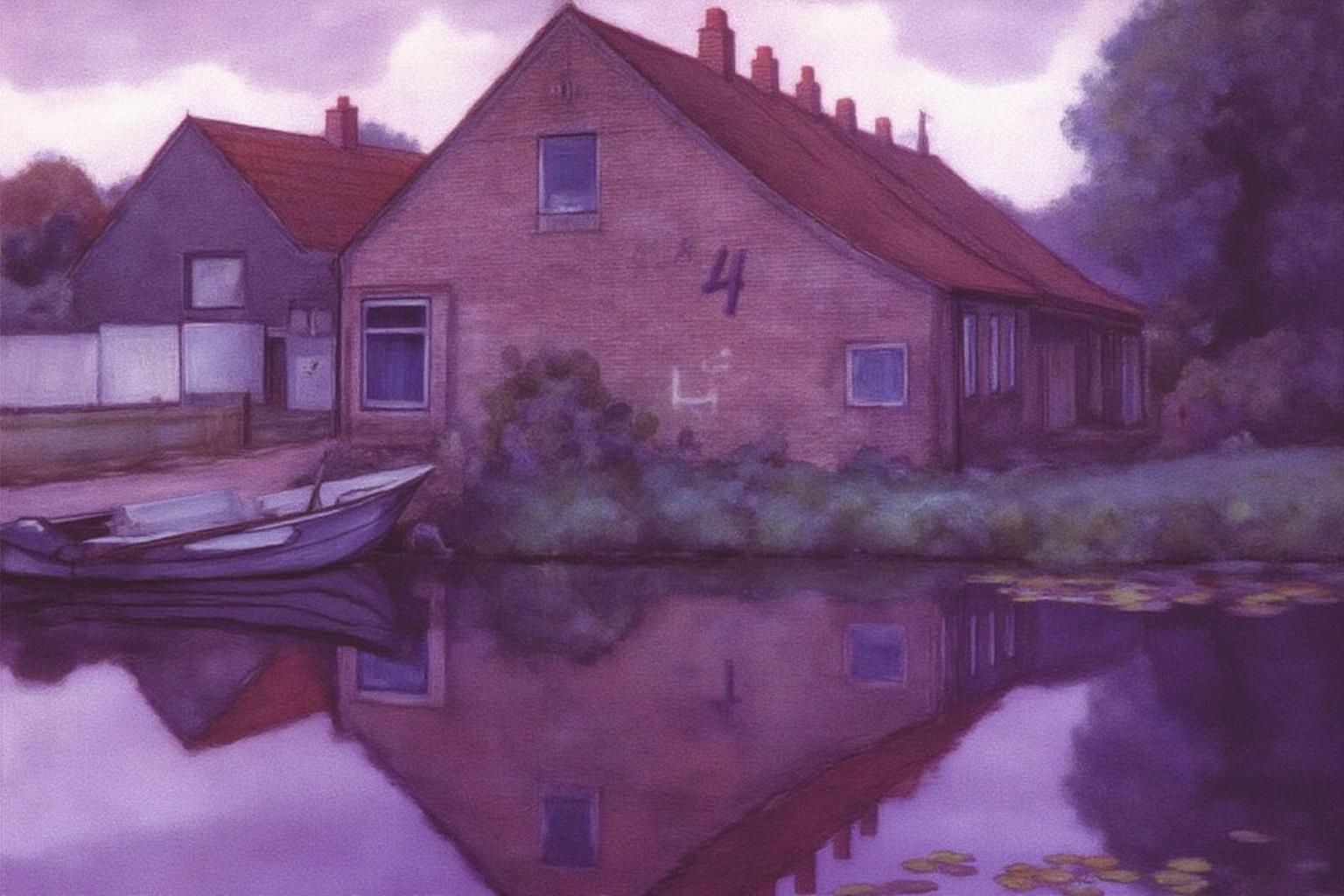 pietmondrian1 painting.
An old brick cottage with a red-tiled roof, reflected perfectly in a calm pond. The scene is bathed in soft purple and pink twilight tones, evoking a quiet, nostalgic atmosphere. A small rowboat rests at the edge of the pond, and lily pads float gently on the water's surface. There is a cart between the boat and the front of the cottage. The letters "Z 4" are written on the outside of the cottage. <lora:pietmondrian1_cap_d8a4e11:1.0><lora:860661966216129865:0>