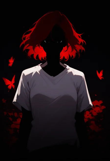 score_8_up, night, woman, red hair, short hair, glowing hair, black eyes, looking at viewer, glowing shirt, red butterfly, white shirt
<lora:DarkerThanDarkV1:1> <lora:NoctFlatStyleV4:0.5>