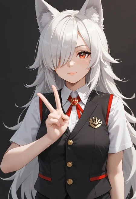 (masterpiece), best quality, (1girl, white hair, wolf girl, (sideswept bangs, hair over eye)), (gold right eye, red left eye), v hand sign, lifevest