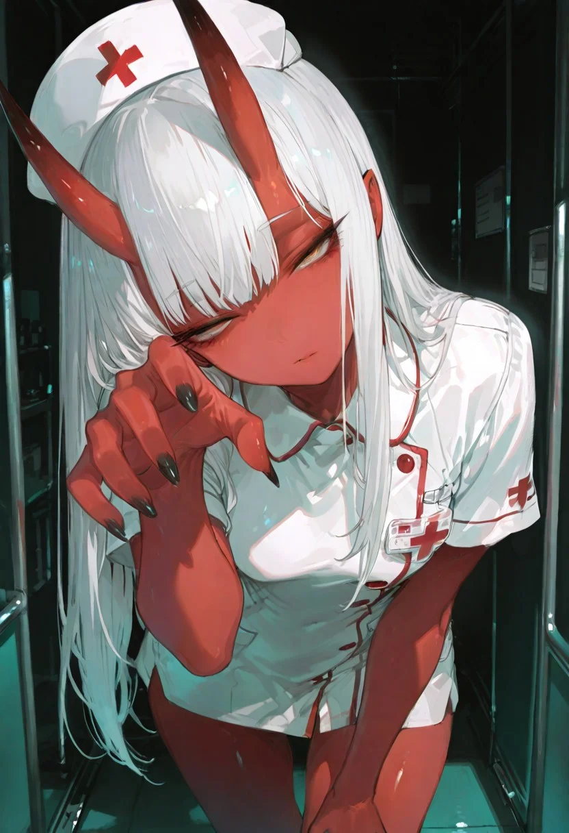 masterpiece, best quality, good quality, newest, highres, absurdres, volumetric lighting,gradient color,
BREAK
raytracing, volumetric lighting, ambient occlusion, girl, background, masterpiece, best quality, very awa, absurdres,
BREAK
Aka-Oni, oni, colored skin, (red skin:1.3), straight horns, solo, long hair, model style,
BREAK
masterpiece,amazing quality,best quality,ultra-detailed,8K,illustration,CG,shiny hair,clear skin,ultra-detailed-eyes, background,cute girl, eyelashes
BREAK,
foreshortening, reaching towards viewer, bent over, leaning forward, black nails, hand close up, looking at viewer, looking up, (contrapposto:1.2), narrow waist, nurse dress, head tilt, narrowed eyes, half-closed eyes, sharp fingernails, long fingers,