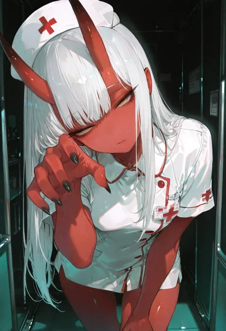 masterpiece, best quality, good quality, newest, highres, absurdres, volumetric lighting,gradient color,
BREAK 
raytracing, volumetric lighting, ambient occlusion, girl, background, masterpiece, best quality, very awa, absurdres, 
BREAK
Aka-Oni, oni, colored skin, (red skin:1.3), straight horns, solo, long hair, model style, 
BREAK
masterpiece,amazing quality,best quality,ultra-detailed,8K,illustration,CG,shiny hair,clear skin,ultra-detailed-eyes, background,cute girl, eyelashes
BREAK,
foreshortening, reaching towards viewer, bent over, leaning forward, black nails, hand close up, looking at viewer, looking up, (contrapposto:1.2), narrow waist, nurse dress, head tilt, narrowed eyes, half-closed eyes, sharp fingernails, long fingers,