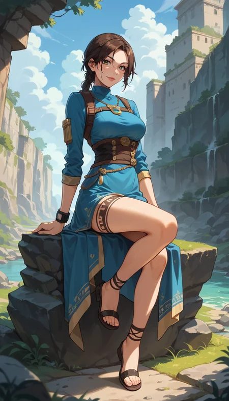 score_9, score_8_up, score_7_up, Anime Style, Full Body Shot, Lara Croft, adventurer, cute, seductive, innocent, light smile:0.3, plump lips, slender body, her hair billowing in the wind, studies an ancient map while sitting on rocks and enjoying the stunning view, depth of field, dynamic angle, fashion photography, sharp, hyperdetailed:1.15