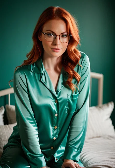 Photograph of a cute redhead woman, 30 years old, photo shoot, (freckles:0.5), (moles:0.5), (wrinkles:0.4), silky pajama shirt and pants, thick, pale white skin, warm light, back view, smirking, long red hair, jade green eyes, counter light, in a cute girly bedroom, nsfw, (natural skin texture, detailed face, hyper realism, soft light, sharp), (high resolution, 4k), detailed eyes, glasses
