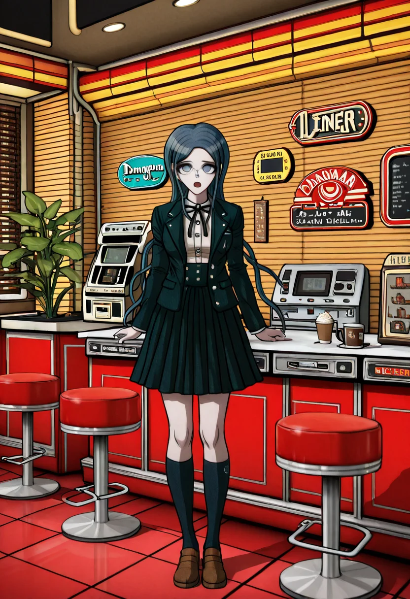 masterpiece, best quality, absurdres, <lora:Tsumugi_Shirogane_Illustrious:0.2>, <lora:Danganronpa_Locations:1>,  danganronpa sprite style, danganronpa_sprite_style , danganronpa_(series),Tsumugi Shirogane,danganronpa_(series), danganronpa_v3:_killing_harmony, shirogane_tsumugi, 1girl,blue_hair, blue_eyes, dark_blue_hair, black_jacket, black_skirt, black_socks, brown_shoes, full_body, glasses, jacket, long_sleeves, open_clothes, open_jacket, shirt, shoes, skirt, socks, solo, white_shirt, retro_diner,1950s_style,checkered_floor,red_booths,jukebox,diner_interior,vintage_decor,neon_sign,ice_cream_sign,old-fashioned_tv,stools,countertop,coffee_maker,coffee_cups,menu_boards,wall_decorations,green_plants,window_blinds,cash_register,vintage_appliances,retro_lighting,desert_view,nostalgic_theme,american_diner,danganronpa,danganronpa_(series),danganronpa_2:_goodbye_despair,danganronpa 2,danganronpa sprite style,danganronpa_sprite_style