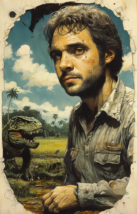 masterpiece,best quality,<lora:tbh275-sdxl:0.9>,illustration,style of William Stout,jurassic park, portrait of noble man