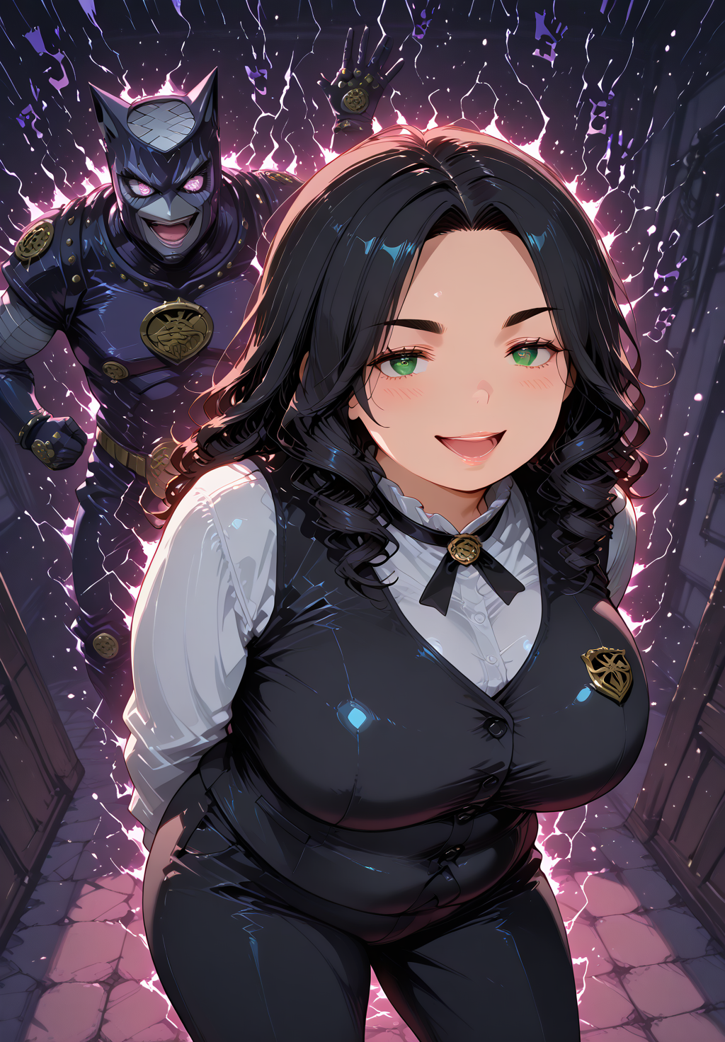 IllusP0s, PonyScores7, source_anime, ah1, IllustriousQual, interesting, exciting, spectacular, wonderful, amazing quality, absolutely eye-catching, very awa, <lora:black_marble_detail_enhancer:0.2>,  SimplePositiveXLv3,
BREAK <lora:xl_more_art-full_v1:0.2>, <lora:aesthetic_anime_v1s:0.2>, <lora:EpicF4nta5yXL:0.2>, <lora:detailxl:0.2>, detailxl, <lora:Fant5yP0ny:0.2>, amazing quality, best aesthetic, absurdres, illustration, Volumetric_Lighting, ultra-detailed, very aesthetic, intricate details, best_quality, lazympos, <lora:Add_Details_v1.2:0.4>, <lora:quality_modifiers_masterpieces_v1:0.2>, <lora:ZootPonyAnime_V1_r2:0.2>, <lora:Bestifacator2:0.2>, anime style, Stable_Yogis_PDXL_Positives, AS-Adult, <lora:Complicated fantasy portrait - XL Pony V2.0:0.2>,  <lora:HDA_Detailer_v1.2_r1:0.3>, <lora:natsumi_style:0.2>, <lora:by_usakun-pony:0.2>, by usakun, <lora:Akina_Bbw_Style_-_PonyXL:0.2>, AkinBw,
BREAK (((<lora:JoJo_Poses_for_Illustrious:0.8>, JoJo pose, background with sound noises, onomatopoeia "ã´ã´ã´", stand \(jojo\) behind girl, menacing \(jojo\), ethereal_aura, front_sparkles, twinkling_lights, bokeh, glowing_particles, backlight, menacing, aura))), <lora:DynamicPoseIL2att_alpha1.0_rank4_noxattn_900steps:0.2>, dynamic pose, <lora:dynamic_anime_art_illustriousXL:0.2>, dynamic_anime_art,
BREAK 1girl, mature female, (curvy), round-chin, caucasian, <lora:ETO_OC_Illustrius:0.5>, eto_oc, <lora:skindentation:0.2>, skindentationILL, skindentation, (plump), thick thighs, wide hips, busty, voluptuous, <lora:plussizegirls_IL:0.3>, <lora:plussizegirls_pony:0.3>, <lora:Venus body IXLS3_alpha16.0_rank32_full_last:0.3>, <lora:shinyskin2:0.2>, glistening skin, HDA_FatGirlXL, round ass, gigantic breasts, tan lines, <lora:perfection style:0.2>, perfection style, perfection, 
BREAK ((waistcoat with trousers)),
BREAK (curly hair), long hair, (black hair:1.4), (parted hair:1.7), messy hair, kinky curls, <lora:hairdetailpxl:0.2>, hairdetailpxl,
BREAK (half green and brown eyes), (colorful eyes), (multicolored eyes), (downturned eyes:1.4), expressive eyes, <lora:perfect-eyes:0.4>, perfecteyes, <lora:eye:0.3>, HDeyes, detailed eyes, (round face:1.2), (thick eyebrows:1.3), (plump face), <lora:Round_face:0.2>, lips, <lora:Eyes_V1:0.8>, iris lines, <lora:DetailedEyes_xl_bdsqlsz_V1:0.2>, <lora:Eyes_Lora_Pony_Perfect_eyes:0.2>,
BREAK (((laughing expression))), <lora:Expressive_H:0.2>, Expressiveh, <lora:Emotional_Anime_Expressions_PonyXL_Concept:0.2>, emotional, <lora:Best_Facial_Expression_LoRA_PONY:0.2>, looking at viewer, <lora:Detailed expressive EXEV style -XL Pony V1.0:0.2>, FaceDetail, <lora:Best_Facial_Expression_Helper_XTREME_ILLU:0.4>, kaogei,
BREAK (((secret society room, powerful magic, mysterious force))), (((High-Angle Shot))), <lora:Background Detailer - SDXL:0.2>, 4k, 8k, Ultra HD, Masterpiece, Best quality, Detailed background, foreshortening, extreme perspective, <lora:Add_more_details_V2_XLpony:0.2>, full_details, <lora:background-type1:0.2>, <lora:AddMicroDetails_Illustrious_v4:0.3>, addmicrodetails, SmoothNoob_Quality, <lora:ani40o_stabilizer_v0.6:0.3>,