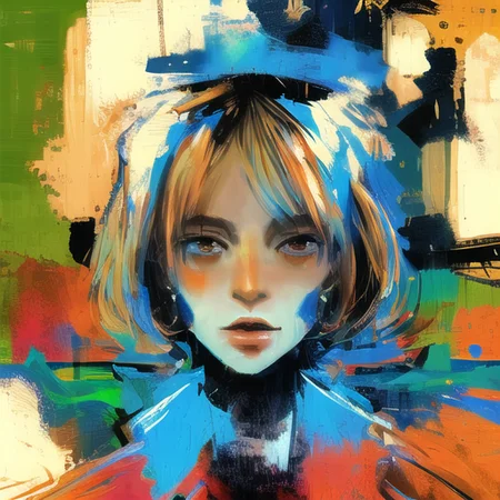 [gorgeous blonde girl with blue eyes:abstract background:0.5], expressionism, digital art, colorful background