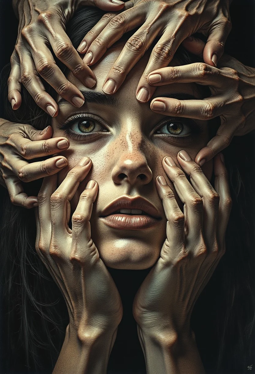An ultra close-up portrait of a woman’s face, filling the entire frame, leaving no visible background. Her expression is unreadable, partially hidden beneath a mass of hands—a mixture of tiny, delicate fingers of infants, smooth hands of youth, and wrinkled, veined hands of the elderly. The hands are not her own; they belong to many others, pressing gently yet firmly over her features, partially covering her eyes, mouth, and cheeks. Some hands grasp her jawline, others stretch over her forehead, their fingertips resting just above her lips, as if silencing her. The variation in skin textures is striking—soft, unblemished baby hands contrast against aged, gnarled fingers with deep lines and prominent veins. Though her eyes are partially covered, faint glimpses of them peek through the gaps, revealing an intense gaze filled with an emotion that remains just out of reach. Shadows from the overlapping fingers create a layered depth, making her face feel both hidden and revealed at the same time. The lighting is moody and dramatic, with high contrast between the illuminated skin of the hands and the deep shadows cast across her face. The lack of a background isolates her, making the tangled, intricate weave of fingers the singular focus. The contrast between the lifelike textures of the hands and her obscured, expressionless face creates a haunting, surreal narrative—one of silence, control, protection, or something unknown.