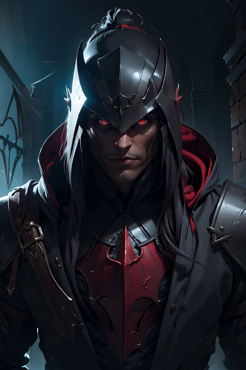 (masterpiece, best quality, highres, high resolution:1.2), extremely detailed, realistic, intricate details, 1boy, solo, looking at viewer,  <lora:strahd_v10:0.8> Strahd von Zarovich, vampire, long hair, <lora:edgBerserkHoodies-000008:1> hoodie,edgBerserker, wearing edgBerserker_([armor|hoodie]::0.5), helmet,shoulder armor,red eyes glowing, (cinematic lighting, bloom, volumetric),