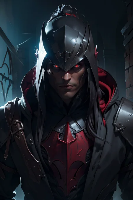 (masterpiece, best quality, highres, high resolution:1.2), extremely detailed, realistic, intricate details, 1boy, solo, looking at viewer,  <lora:strahd_v10:0.8> Strahd von Zarovich, vampire, long hair, <lora:edgBerserkHoodies-000008:1> hoodie,edgBerserker, wearing edgBerserker_([armor|hoodie]::0.5), helmet,shoulder armor,red eyes glowing, (cinematic lighting, bloom, volumetric),