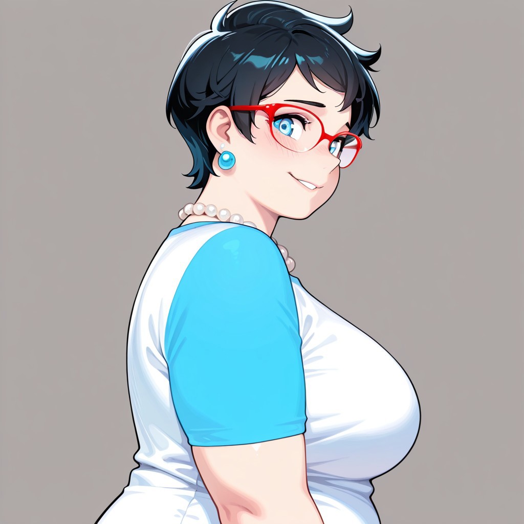 1girl, solo, head and shoulders, side profile, looking at viewer, chubby, bust, white shirt, blue sleeves, short sleeves, Jane Crocker, black hair, short hair, red rimmed eyewear, blue eyes, bright eyes, large eyes, [overbite], shy smile, smiling, earrings, pearl necklace, masterpiece, best quality, high quality,
