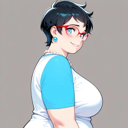 1girl, solo, head and shoulders, side profile, looking at viewer, chubby, bust, white shirt, blue sleeves, short sleeves, Jane Crocker, black hair, short hair, red rimmed eyewear, blue eyes, bright eyes, large eyes, [overbite], shy smile, smiling, earrings, pearl necklace, masterpiece, best quality, high quality,