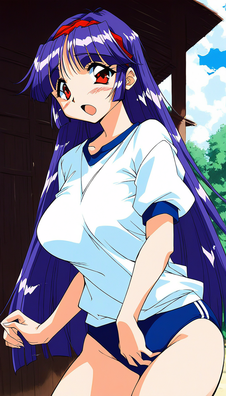 score_9, score_8_up, score_7_up, source_anime, rating_explicit, BREAK <lora:Shiraishi_Yumiko_Ver2.0_XL:1> ShiraishiYumiko, long hair, red eyes, red hairband, purple hair, large breasts, blunt bangs, solo,
dark blue buruma, blush, white gym uniform, open mouth, cowboy Shot,
outdoor, sky,