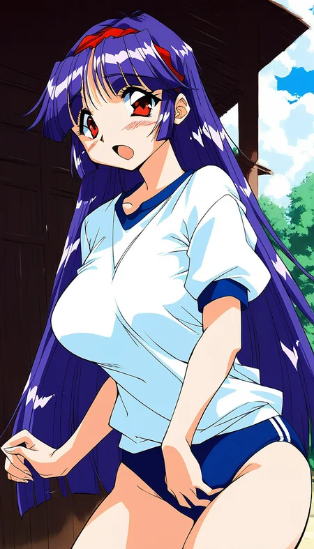 score_9, score_8_up, score_7_up, source_anime, rating_explicit, BREAK <lora:Shiraishi_Yumiko_Ver2.0_XL:1> ShiraishiYumiko, long hair, red eyes, red hairband, purple hair, large breasts, blunt bangs, solo,
dark blue buruma, blush, white gym uniform, open mouth, cowboy Shot,
outdoor, sky,