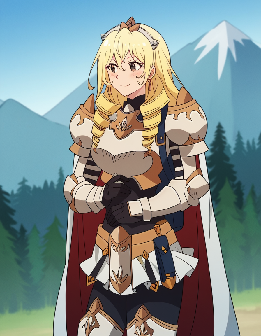 score_9, score_8_up, score_7_up, source_anime, <lora:bozes-co-palesti-s1s2-ponyxl-lora-nochekaiser:1>, bozes co palesti, long hair, blonde hair, brown eyes, drill hair, large breasts, skirt, gloves, cape, armor, shoulder armor, gauntlets, jewelry, earrings, breastplate,, mountain trail, hiking, nature, backpack, adventure, fresh air, smile, , hand on stomach, blush,, solo,, cowboy shot, dutch angle