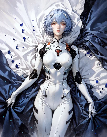 score_9, score_8_up, score_7_up, score_6_up, score_5_up, score_4_up, 1girl, (Rei Ayanami:1.2), from above, lying down, (white plugsuit), light blue hair, short hair, blue cushions, velvet sheets, satin, expressiveh, castlevania, kojima ayami