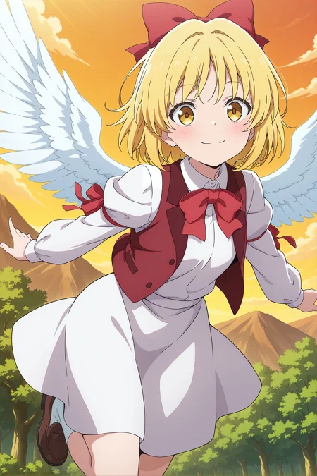 absurdres, highres, masterpiece, best quality, amazing quality, official anime artwork, screencap, anime screencap, outdoors, looking at viewer, dynamic pose, midair, flying,
<lora:Gengetsu_Illustrious:1> gengetsu, yellow eyes, blonde hair, short hair, angel wings,, hair bow, red bow, red bowtie, red vest, open vest, white shirt, puffy long sleeves, sleeve ribbon, white skirt,