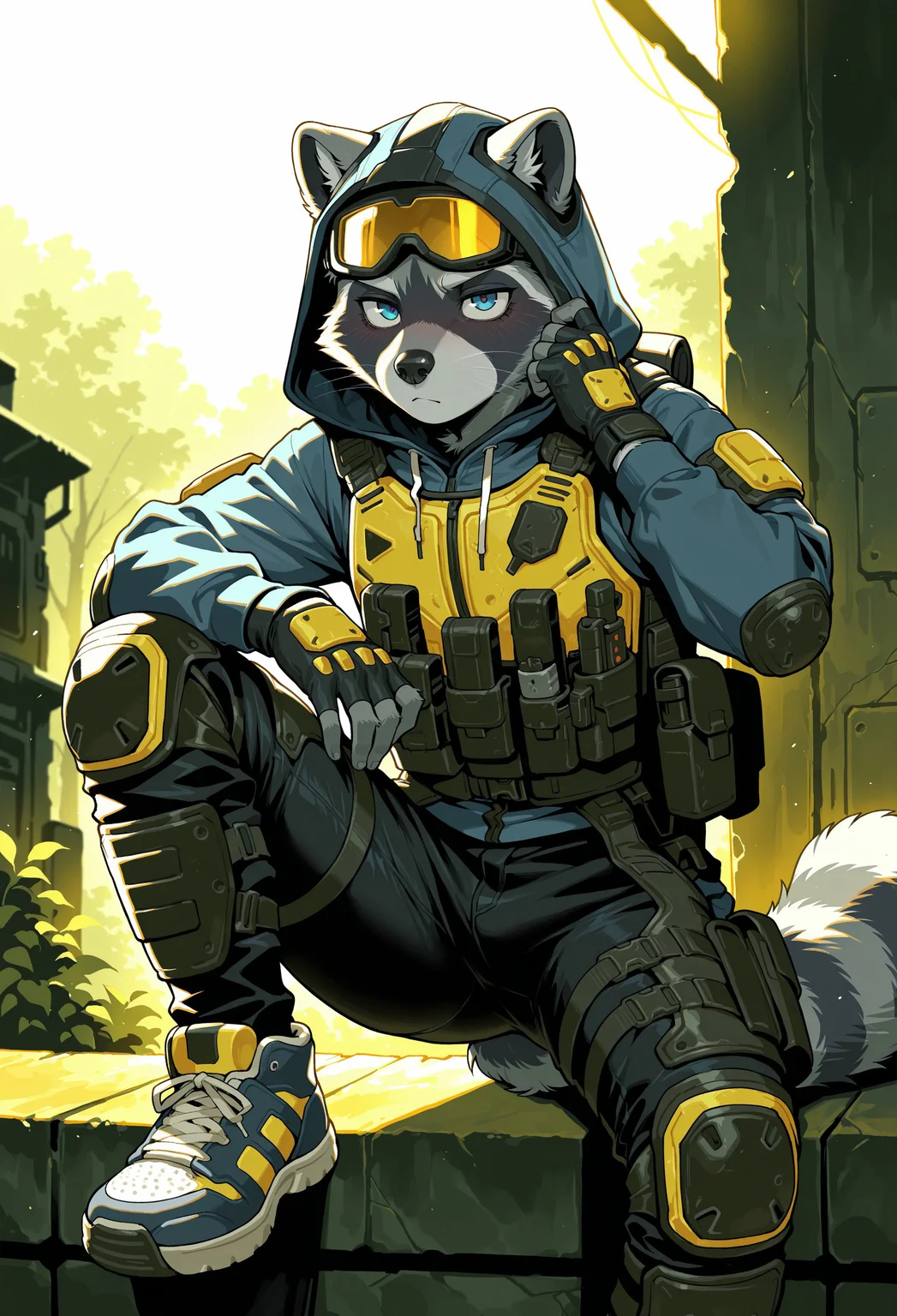 masterpiece,best quality, amazing quality,1boy, solo, Gray raccoon, Furry gray raccoon, fluffy tail, 5 fingers, Raccoon Blue eyes, black nose, sneakers, black jeans, blue hoodie, tactical black body armor, yellow ski goggles on eyes under hood, hood, fingerless gloves, knee pads and shin guards, stalker and Titanfall style suit.