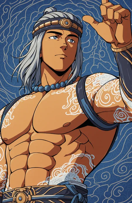 <lora:[Char - IL] Mortal Kombat - Liu Kang [Fire God ] (R1E07):1> mk_firegod_liukang, liukang_body,
muscular male,
upper body,
dynamic angle,
pointing up, raised hand, raised arm, arm at side
abstract background, geometric background, color contrast,
anime style, anime coloring,