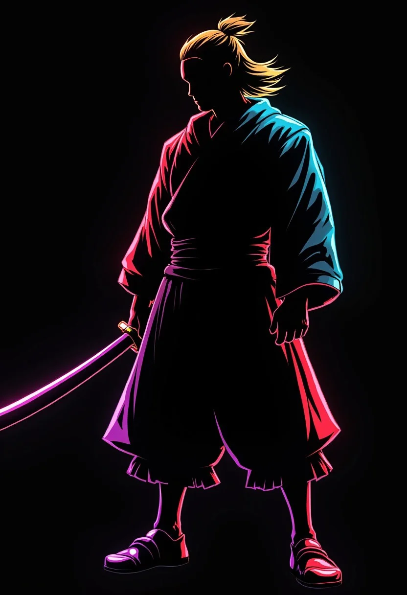 anime-style silhouetted outline against a dark background, a ronin samurai warrior, rainbow-coloured, holding samurai sword