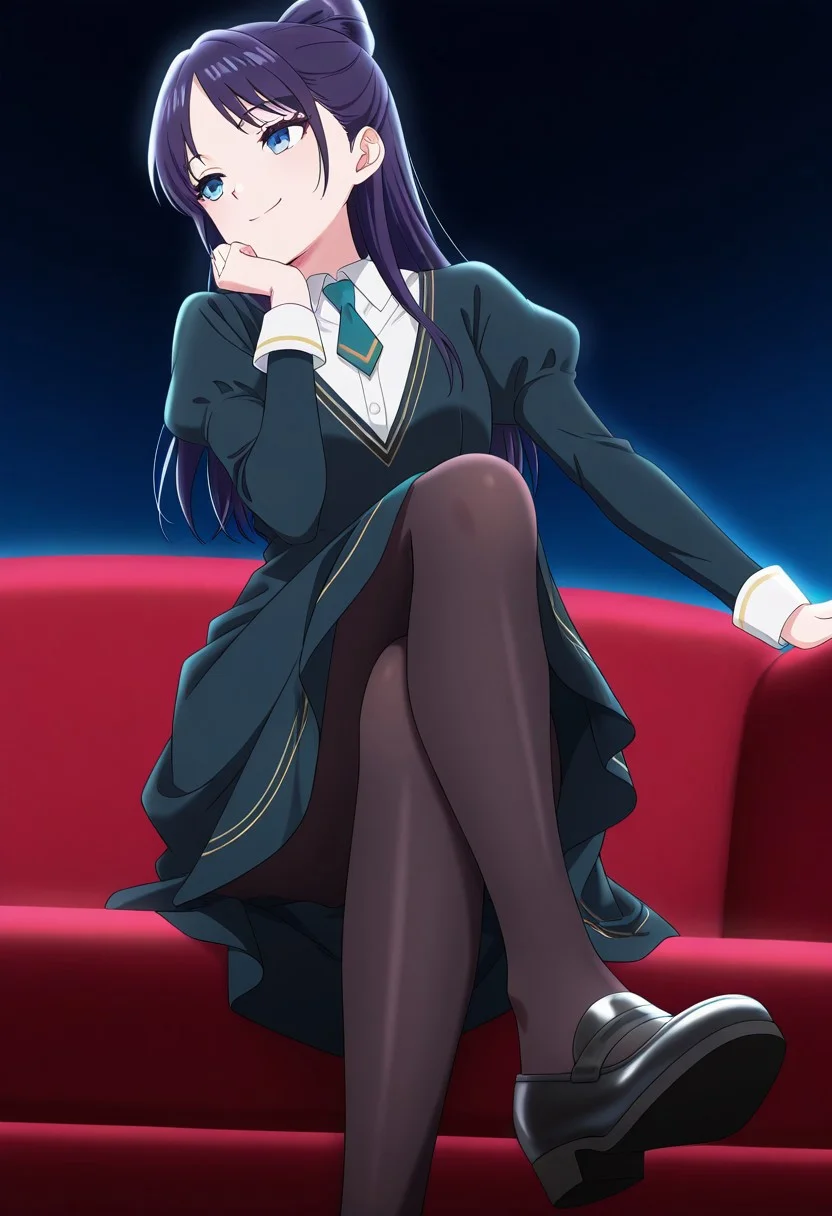 from below, (absurdres, best quality, masterpiece:1.4), amazing quality, highres, newest, detailed, detailed body, detailed face, source anime, anime coloring, beautiful, dark background, petite, on red couch, sitting, light ray, cross legs, hand to own chin, downturned eyes,
BREAK
WWNemu, 1girl, solo, standing, smile, NemuAniHu, dark purple hair, bow-shaped hair, parted bangs, half updo, blue eyes, v-neck dress, white inner collared shirt, Short necktie, juliet sleeves, long skirt, black pantyhose, black shoes,