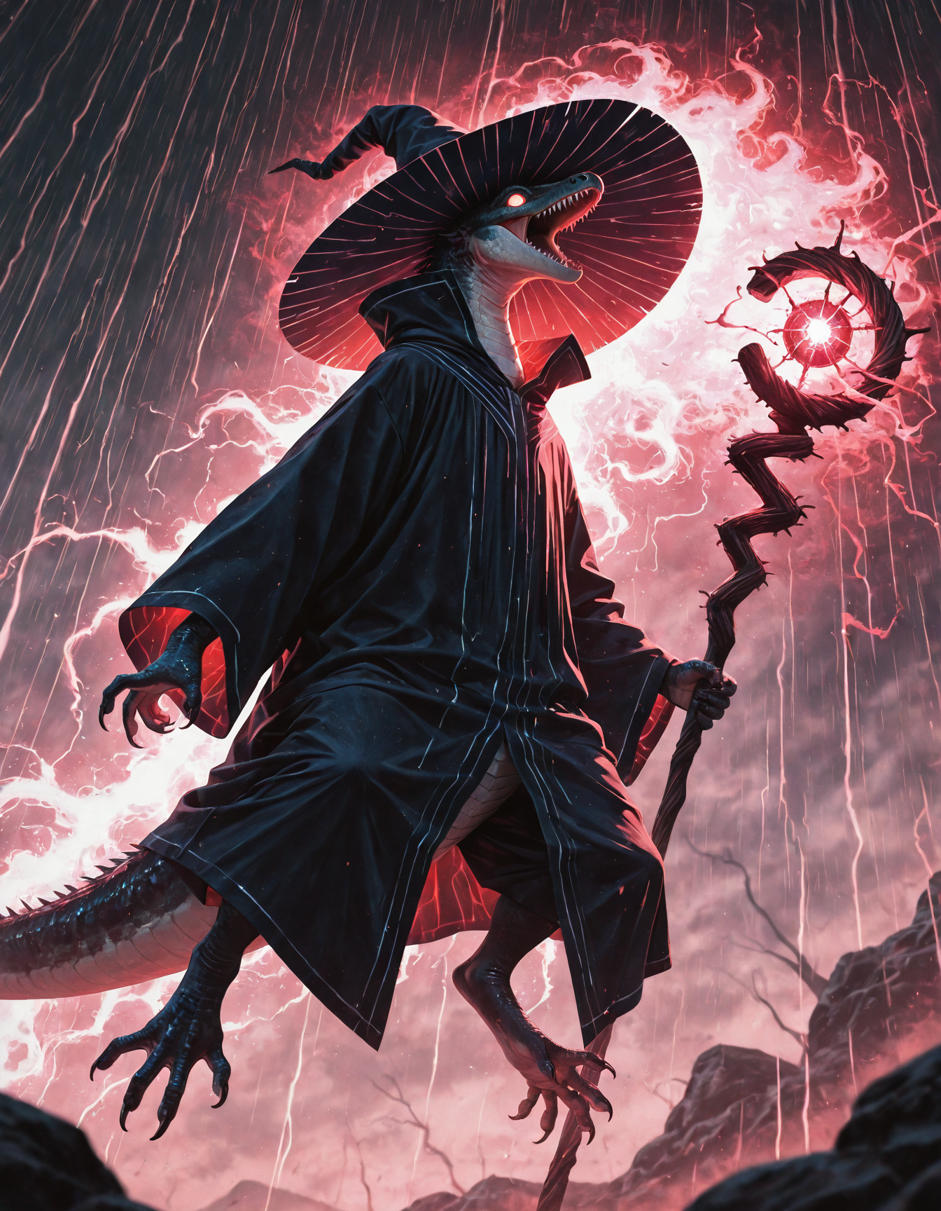 embedding:IllusP0s
,anthropomorphic lizard wizard, lizard head, holding glowing mage staff, wide brim wizard hat , mystical high collar, robe, dark aura, open mouth, evil laugh, flying,floating, levitating, airborne, midair,
,storm, lighting
,from below, wide shot, depth of field, realism, no humans, animal focus