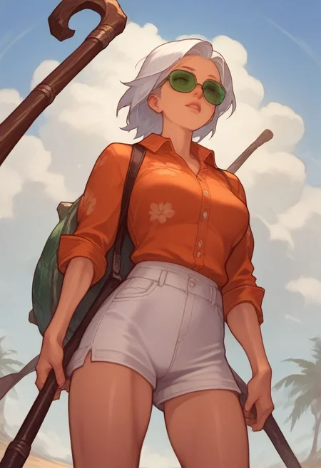 score_9, score_8_up, score_7_up, ((solo)), 1girl, pinup girl pose, a woman stands on the beach at sunset, leaning on a wooden staff, long white hair, sidelocks, orange hawaiian shirt, white shorts, green sunglasses, turtle shell, score_9,score_8_up,score_7_up,very aesthetic ,(masterpiece:1.4), (best quality), (colorful), (detailed) dramatic angle, unique perspective, unique angle, comic book angle and perspective, wide angle,