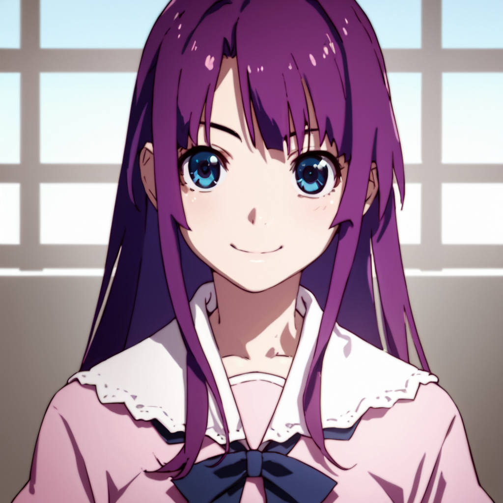 score_9, score_8_up, score_7_up, score_6_up, score_5_up, score_4_up, source_anime, , Hitagi, long hair, blue eyes, purple hair, school uniform, , soft smile, portrait