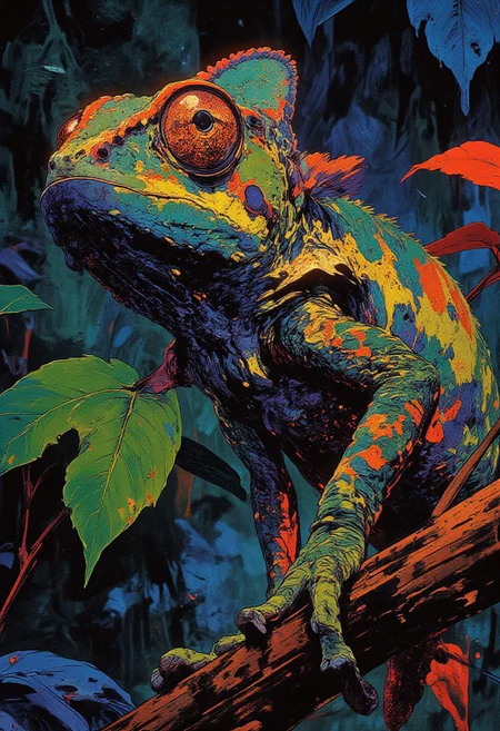 This is a close-up photograph of a **chameleon**, showcasing its intricate and textured skin with surreal, vibrant colors forming mesmerizing patterns. Its head and upper body dominate the frame, with large, independently moving eyes that glow with an iridescent sheen, giving it a watchful and almost otherworldly expression. Its skin is a dazzling mosaic of electric blues, fiery oranges, neon greens, and deep purples, blending in swirling, fractal-like formations that seem almost fluid. The fine, granular scales shimmer under the light, enhancing the reptile’s surreal, dreamlike appearance.  
A prominent casque, the raised structure on its head, is lined with intricate markings that shift in hue depending on the angle of light, creating an almost bioluminescent effect. The background is blurred, emphasizing the chameleon’s striking form against lush tropical leaves that echo its vibrant color scheme. Soft, diffused lighting enhances the radiant hues, making the patterns appear even more surreal, almost glowing against the natural setting.  
The photograph captures every detail of this extraordinary creature, from its zygodactylous feet gripping an unseen branch to the delicate ridges along its back, each outlined in a shifting spectrum of colors. The overall composition immerses the viewer in the surreal beauty of this reptile, blurring the line between nature and fantasy.