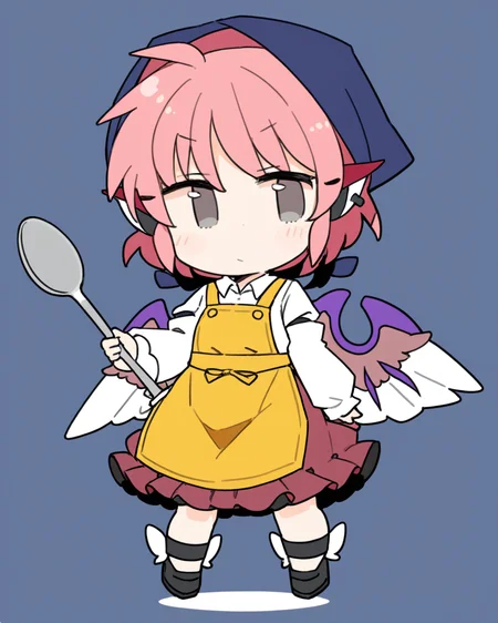mystia lorelei,1girl, solo, holding_ladle, head_scarf, yellow_apron, closed_mouth, full_body, bird_wings, white_wings, single_earring, brown_dress, white_shirt, simple_background, black_footwear, long_sleeves, chibi, looking_at_viewer
<lora:mystia_lorelei_image8444_2023-12-14-000007:1>,star-shaped_pupils,symbol-shaped_pupils,. gorgeous,key visual, vibrant, studio anime,award-winning, professional, highly detailed,high budget, cinemascope