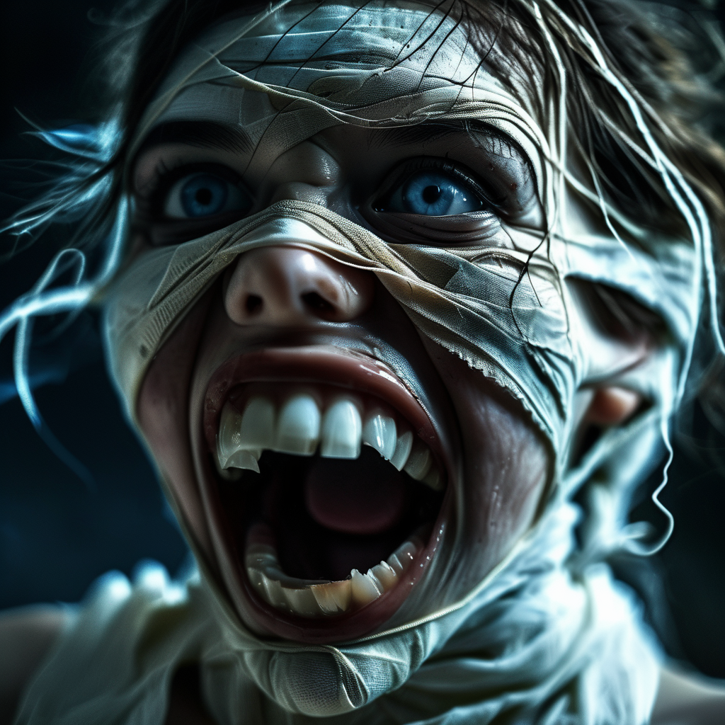 screaming mummy girl with open mouth and visible teeth, bandages, blue eye, professional photo, very detailed and dramatic, expressive cinematic, darkness, bokeh f1.2<lora:mummy:1>